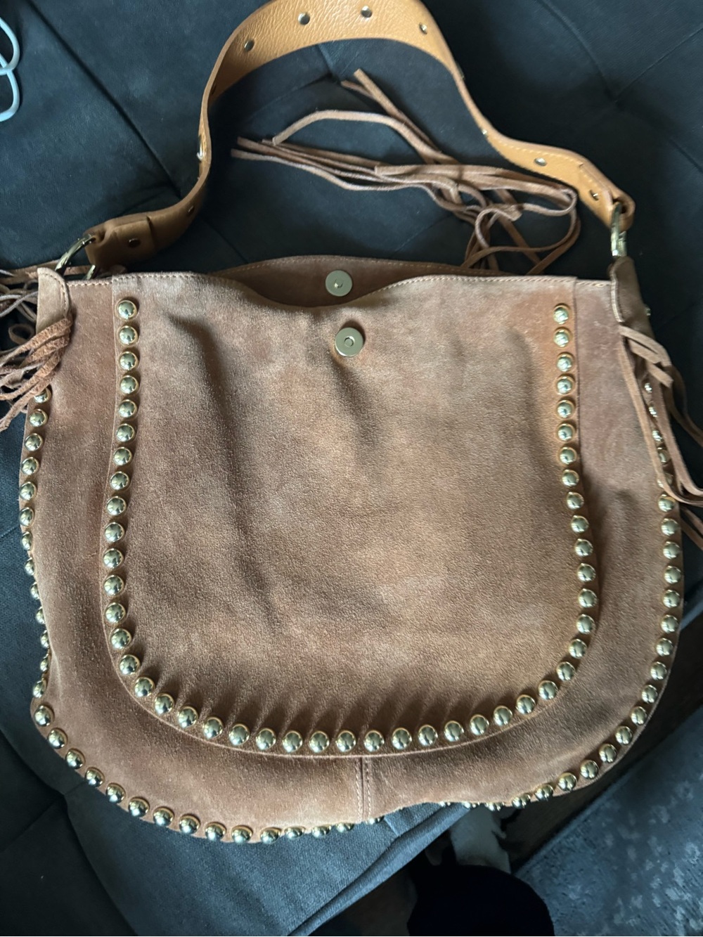 MADE IN ITALY LEATHER Stylish Studded Fringe Hobo Bag -